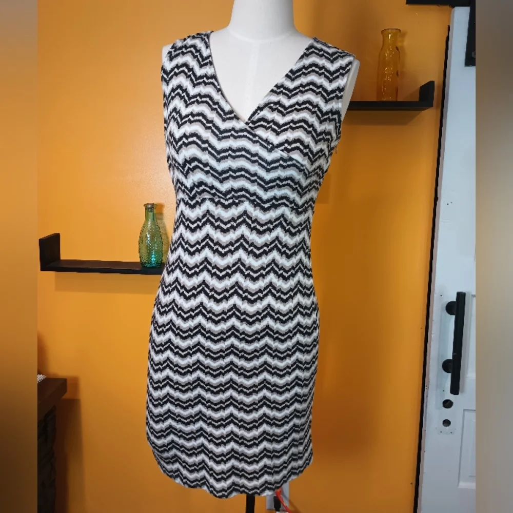 Ann Taylor Loft Petite White and Tan Black Striped Sleeveless Dress Size 0P - Picture 3 of 9